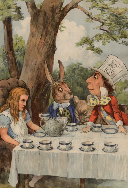 Plakát zobrazující Čajový dýchánek The Mad Hatters z Alenky v říši divů od after John Tenniel