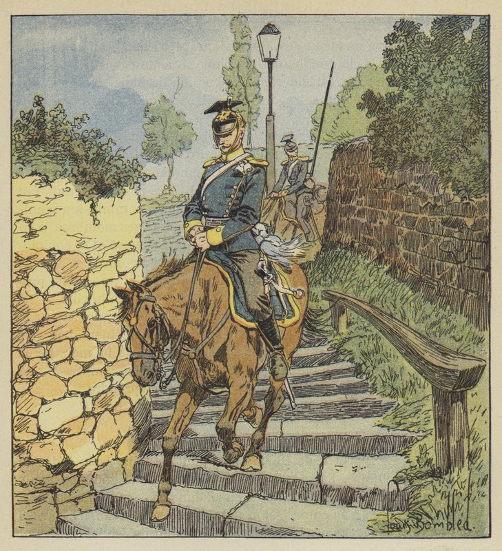 V Chateaudunu dva pronásledovaní Uhlani sestupují na koních po kamenném schodišti o 200 schodech od after Louis Charles Bombled