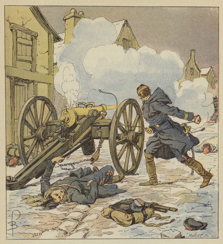 V Parigne kapitán dělostřelectva podporoval ústup tím, že sám naložil a odpálil svůj poslední kus. od after Louis Charles Bombled
