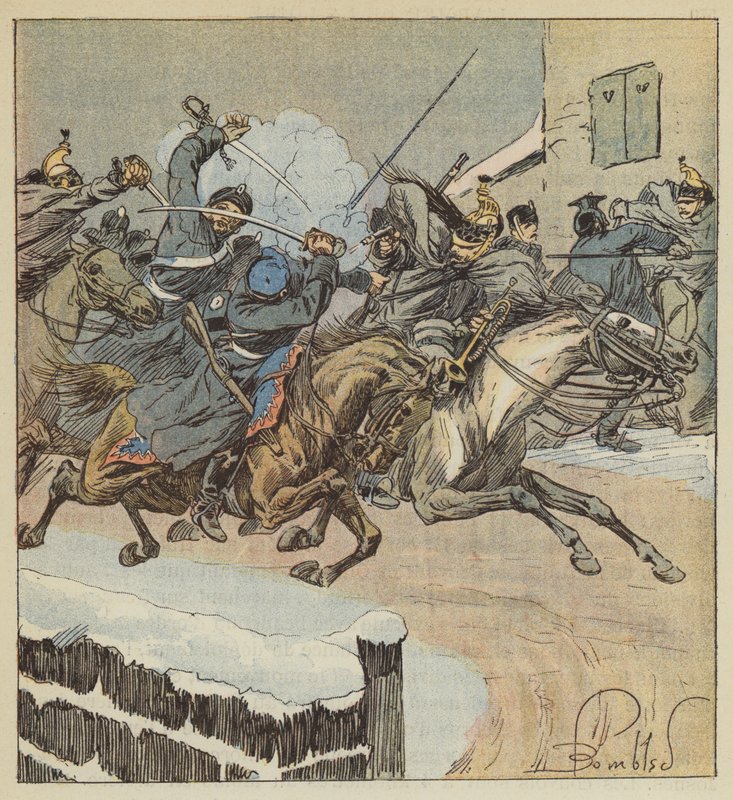 V boji o Nouans-le-Fuzelier, čtyřka Lajersie zabíjí majora pluku husarů z Posenu od after Louis Charles Bombled