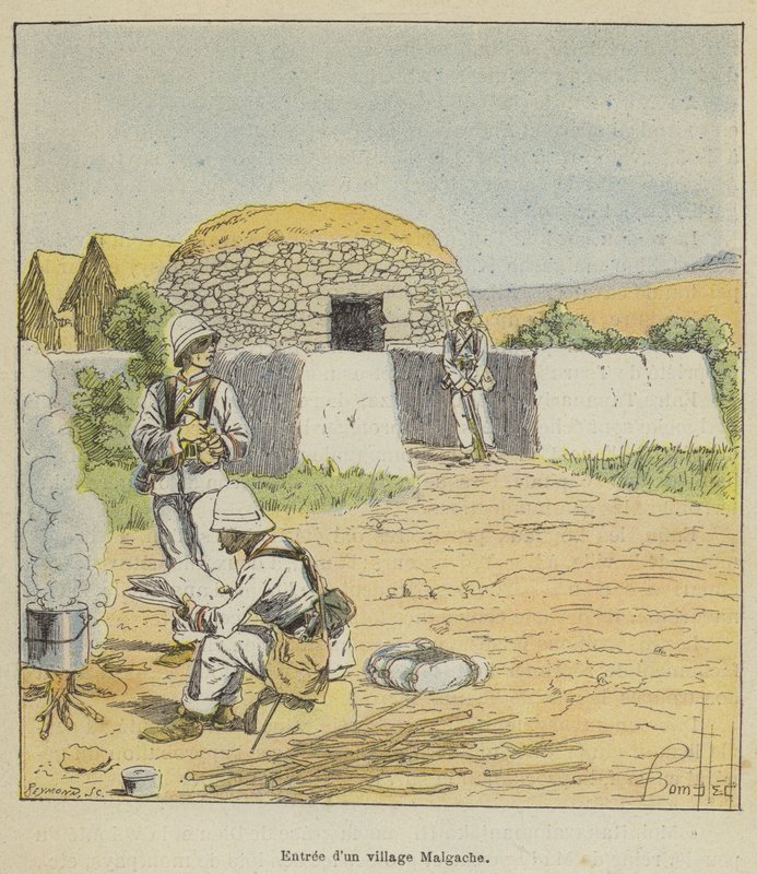 Vstup do madagaskarské vesnice od after Louis Charles Bombled