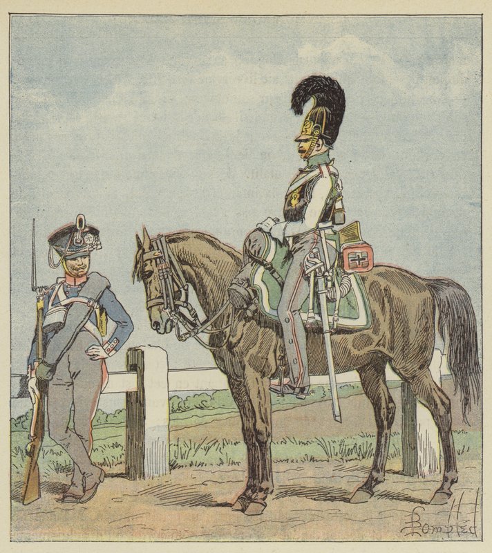 Pruská linie pěchoty (42. reg) a pruský kyrys (1806) od after Louis Charles Bombled