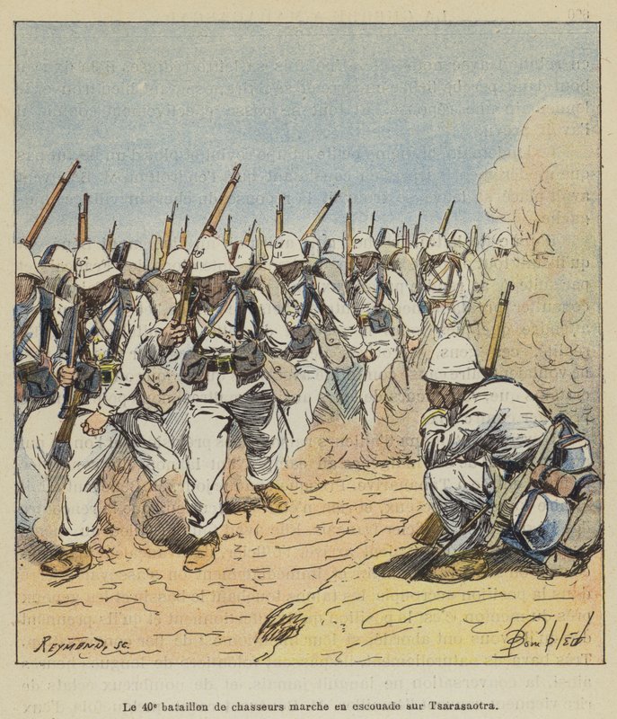 40. prapor lovců pochoduje v četě na Tsarasaotru od after Louis Charles Bombled