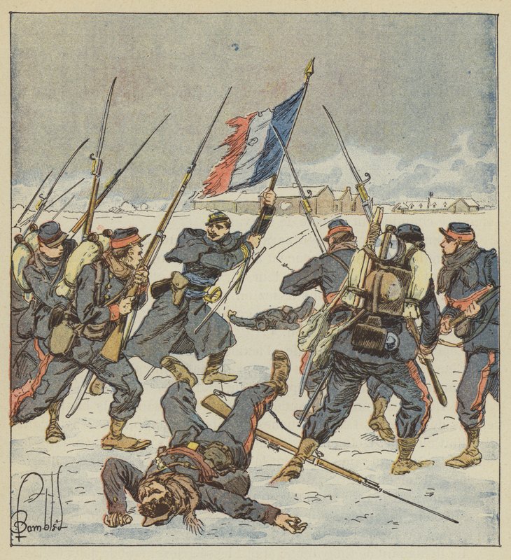 Kapitán Couturie, z mobilů Sarthe, vybrán, s vlajkou v ruce, útočí na Mee od after Louis Charles Bombled