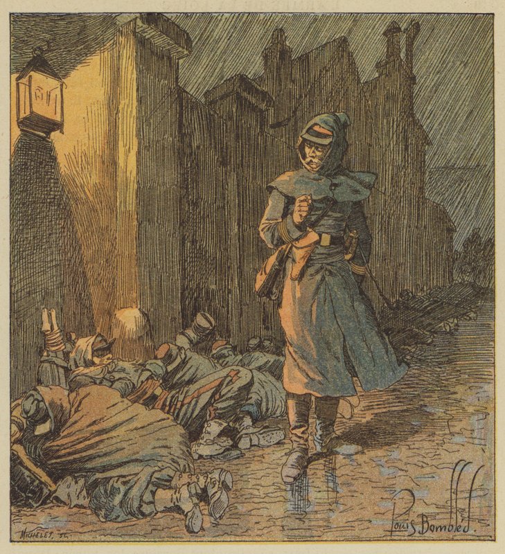 Plukovník de Bourgoing se prochází ulicemi Cerdonu, kde jeho vojáci spí v dešti od after Louis Charles Bombled