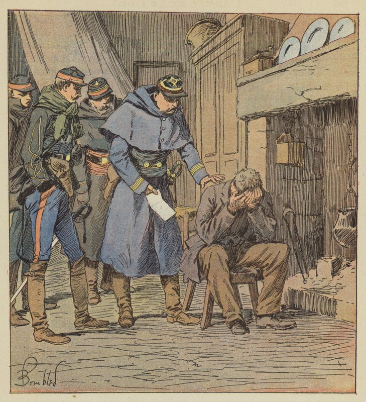 Velitel Safflet dává farmáři Blanchetovi poukázku 875 franků na pokladnu těla. od after Louis Charles Bombled
