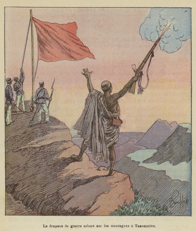 Válečná vlajka vlaje na horách v Antananarivo od after Louis Charles Bombled