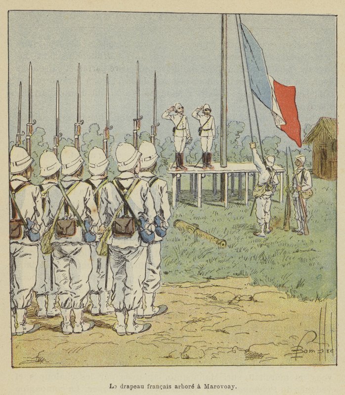 Francouzská vlajka vztyčená v Marovoay od after Louis Charles Bombled