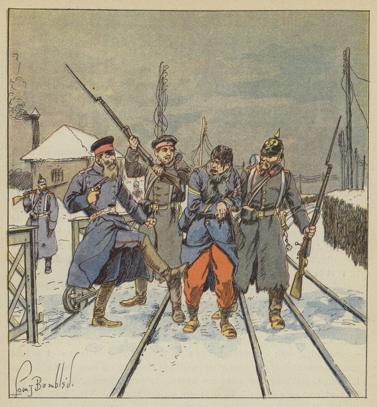 Fourrier Papot, zraněný a zajatý, je hanebně zbit pruským důstojníkem od after Louis Charles Bombled