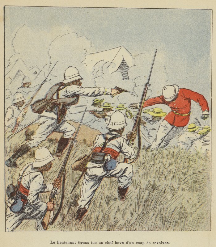 Poručík Grass zabije náčelníka Hova výstřelem z pistole od after Louis Charles Bombled