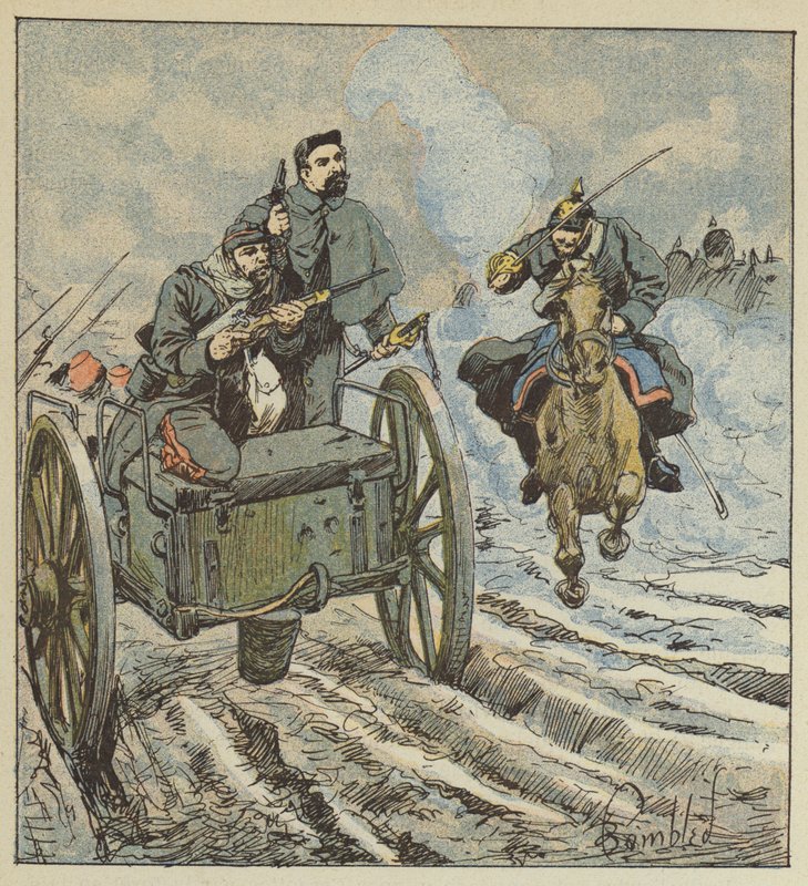 Marechal des logis Dufresne se brání revolverem proti pruským jezdcům. od after Louis Charles Bombled