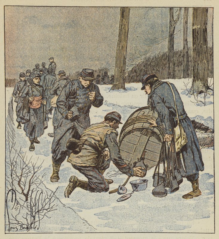 Mariňáci plní své sudové plechovky rumem od after Louis Charles Bombled