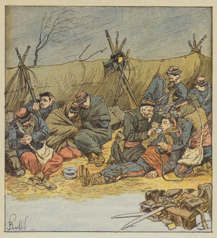 Vojáci, kteří už nemohou zůstat ve stanu, improvizují přístřešky od after Louis Charles Bombled