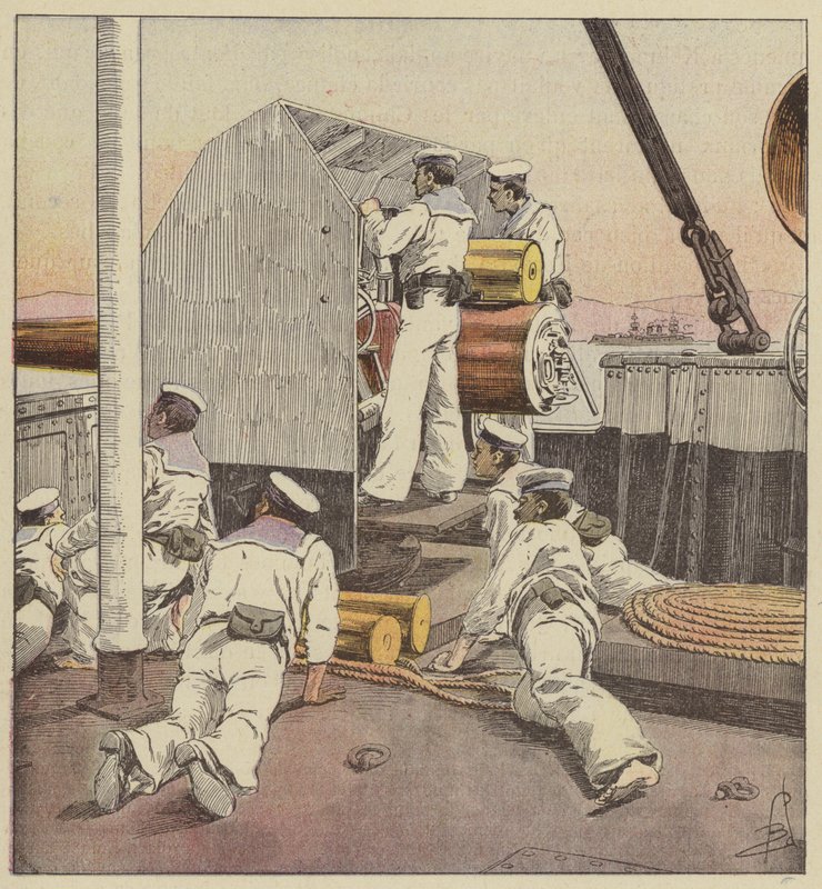 Japonští námořníci střílející na čínskou flotilu v Jalou od after Louis Charles Bombled
