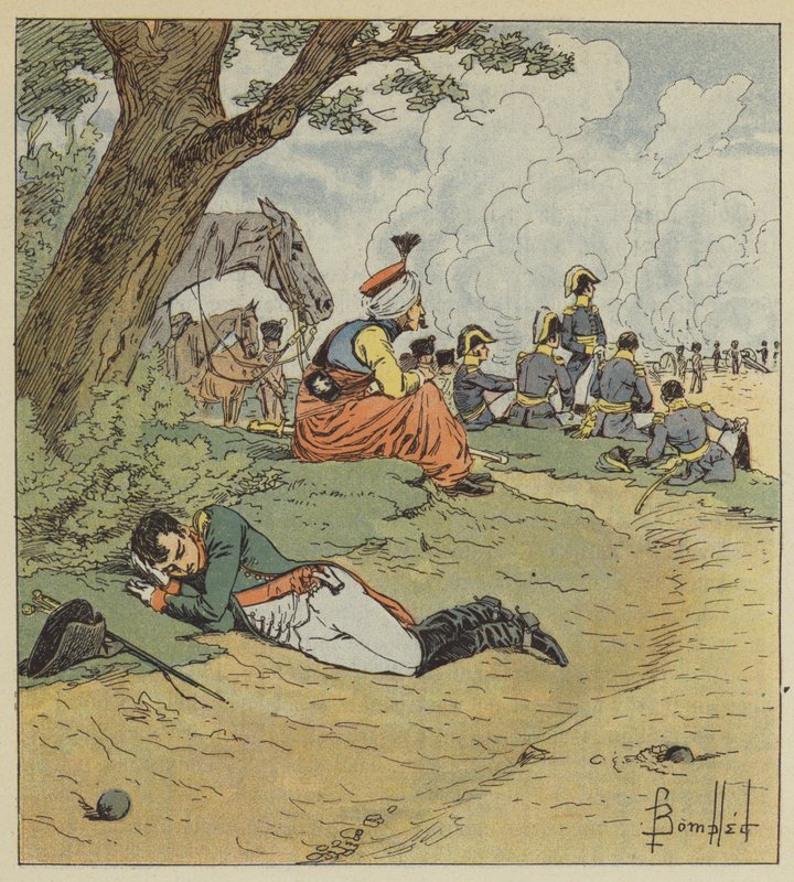 Napoleon spí během bitvy od after Louis Charles Bombled