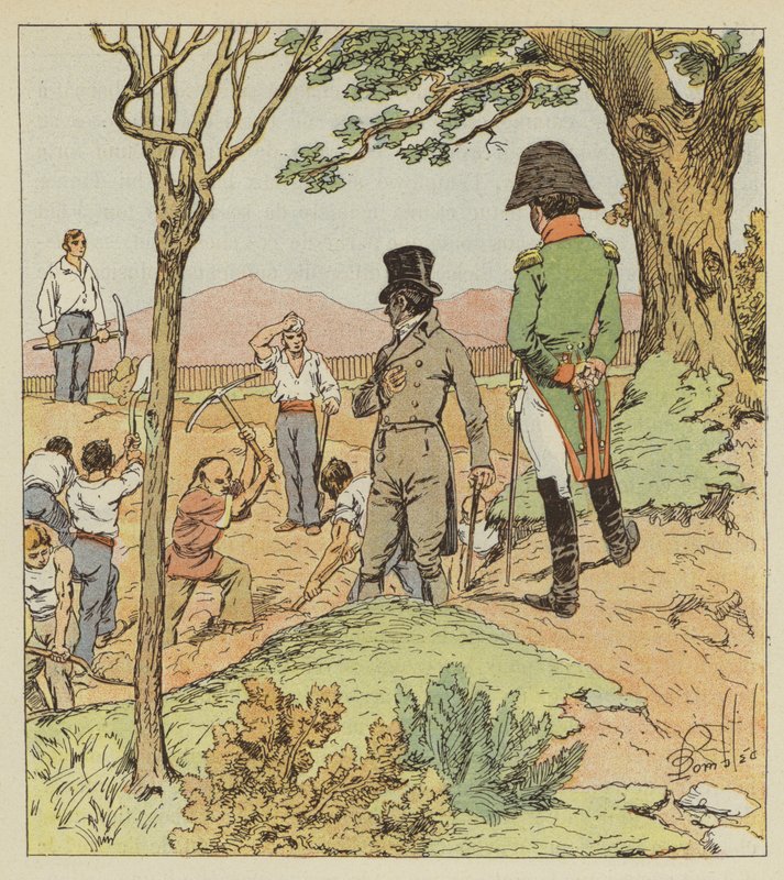 Napoleon zkoumá opevnění, které guvernér staví kolem Longwoodu od after Louis Charles Bombled