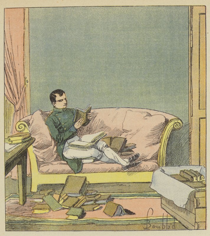 Napoleon čte knihy, které mu právě poslali od after Louis Charles Bombled