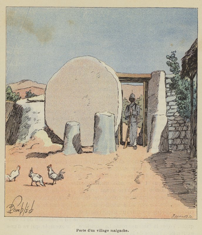 Dveře malgašské vesnice od after Louis Charles Bombled