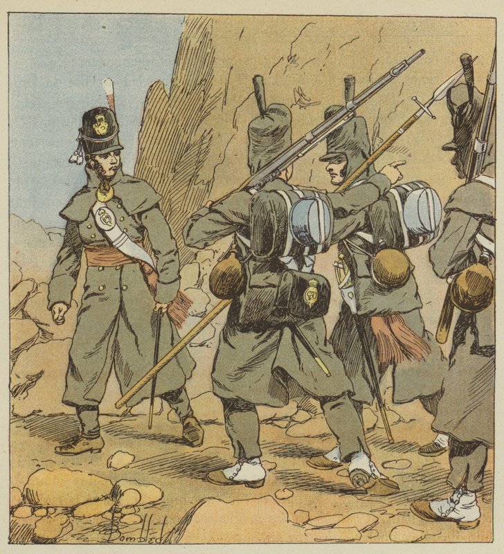 Angličtí vojáci 1. pěšího gardového pluku v silničním oblečení, Španělsko, 1814 od after Louis Charles Bombled