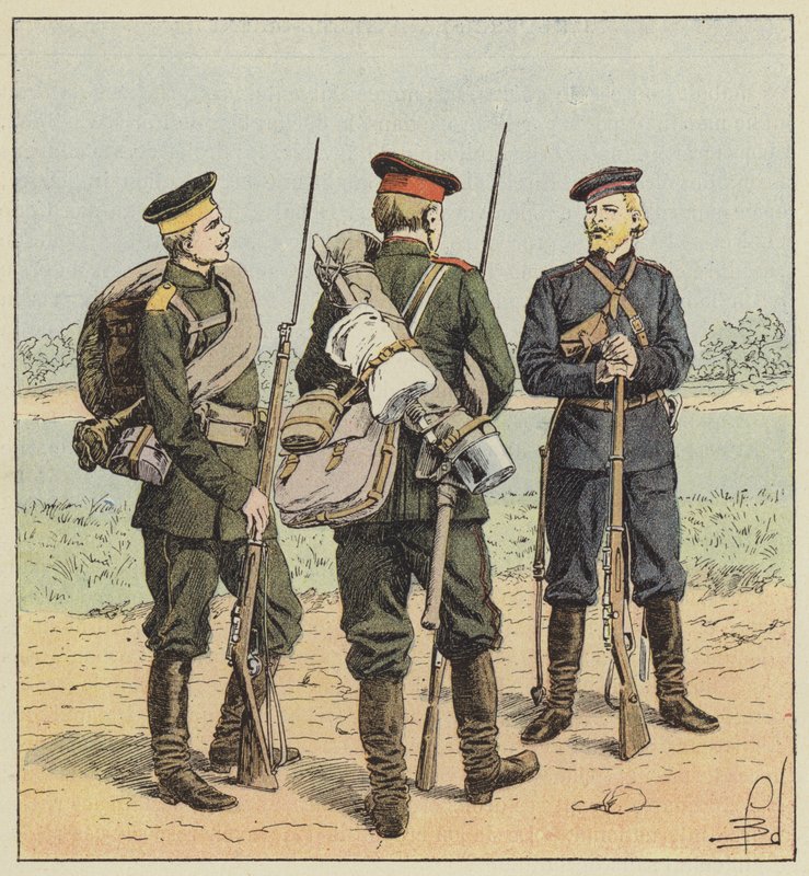 Ruští vojáci v polním oděvu od after Louis Charles Bombled