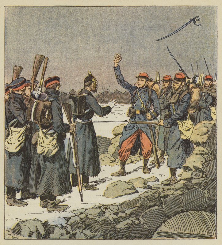 Německý důstojník vrací svůj meč francouzskému desátníkovi, který jej hodí do větru od after Louis Charles Bombled