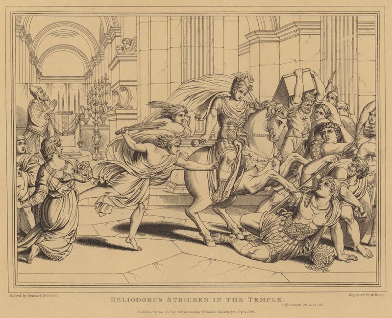 Heliodorus zasažený v chrámu, 2 Maccabees od after Raphael