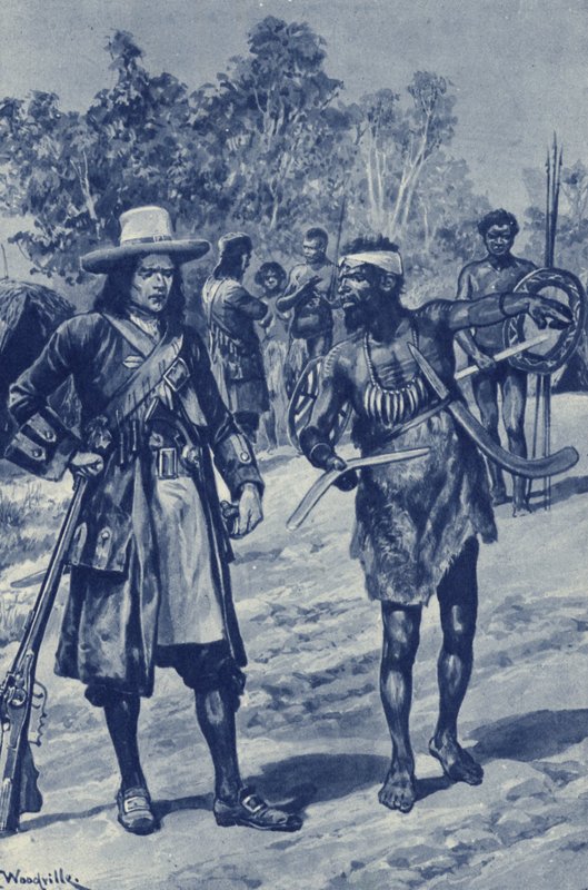 Kapitán William Dampier při průzkumu západního pobřeží Austrálie poprvé vidí bumerang od after Richard Caton II Woodville