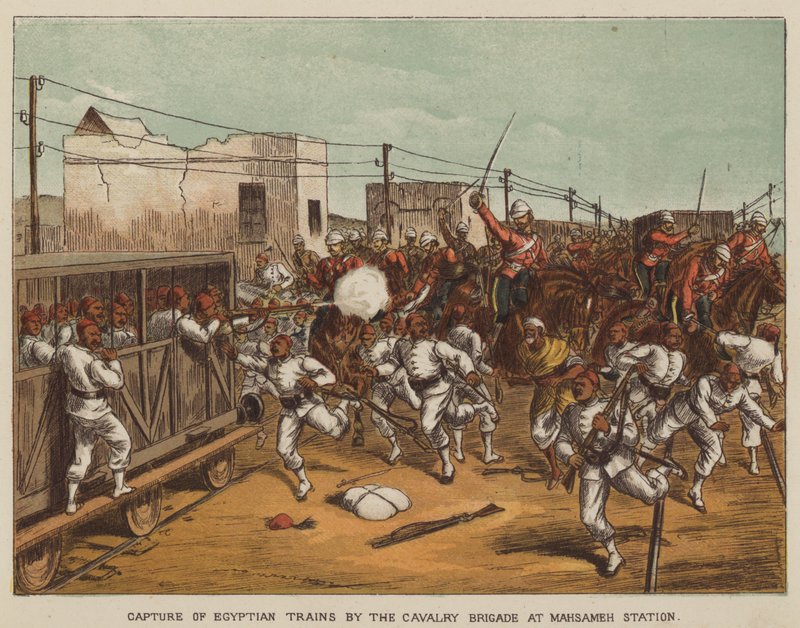 Zachycení egyptských vlaků jízdní brigádou na nádraží Mahsameh od after Richard Simkin