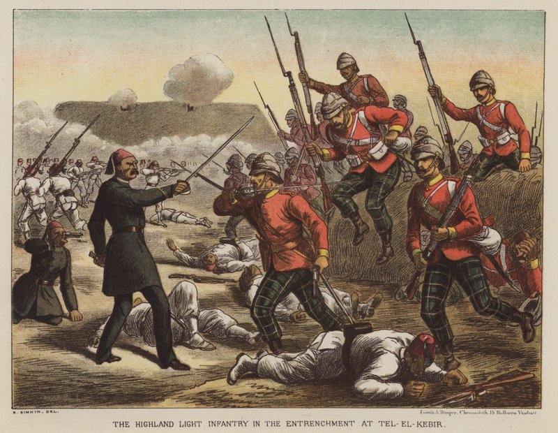 Highland Light Infantry v opevnění v Tel-El-Kebir od after Richard Simkin