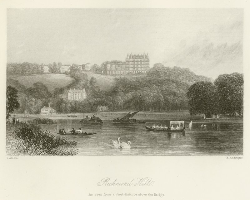 Richmond Hill, jak je vidět z malé vzdálenosti nad mostem od after Thomas Allom