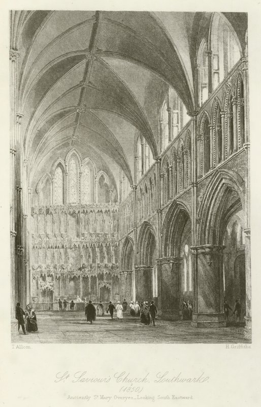 Kostel svatého Spasitele, Southwark, 1850, původně St Mary Overyes, pohled na jihovýchod od after Thomas Allom