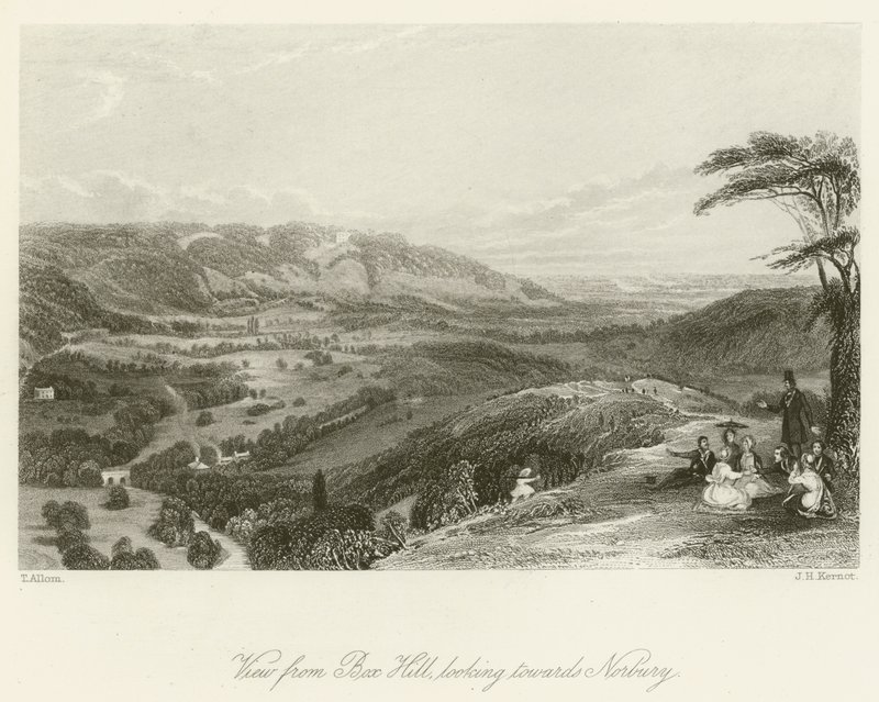 Pohled z kopce Box Hill směrem k Norbury od after Thomas Allom