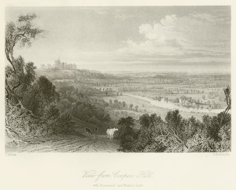 Pohled z Coopers Hill na Runnemede a hrad Windsor od after Thomas Allom