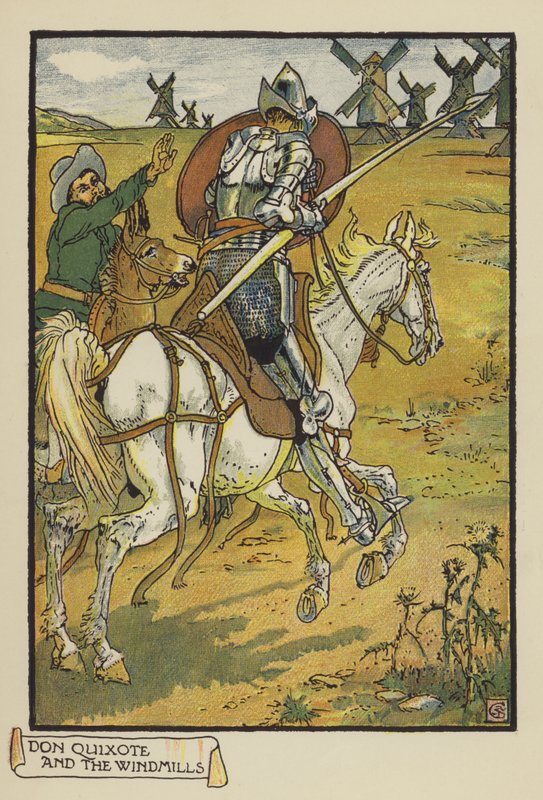 Don Quijote a větrné mlýny od after Walter Crane