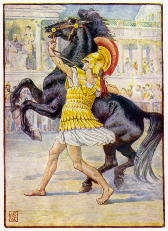 Rozběhl se ke koni a popadl uzdu od after Walter Crane