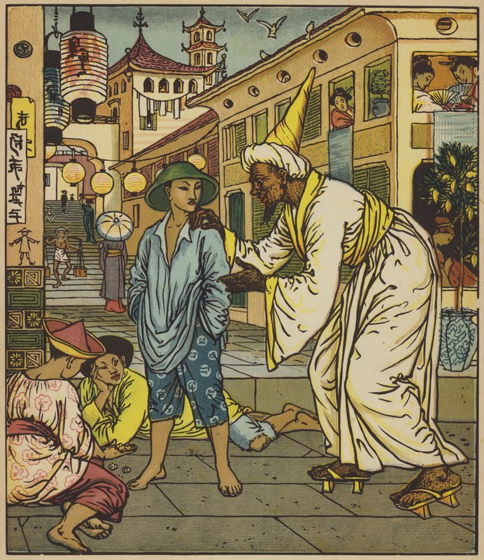 Kouzelník osloví Aladina od after Walter Crane
