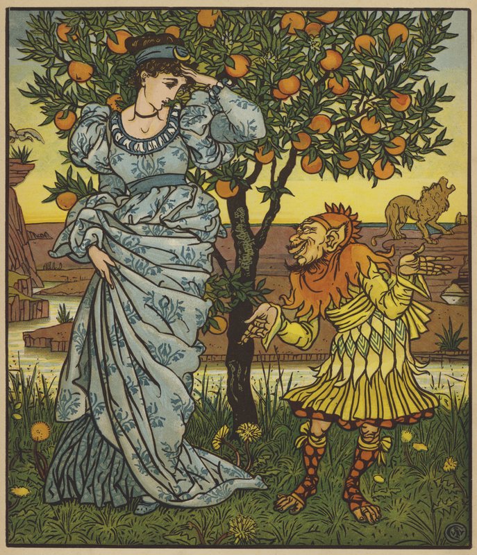 Žlutý trpaslík zachrání princeznu před lvy od after Walter Crane