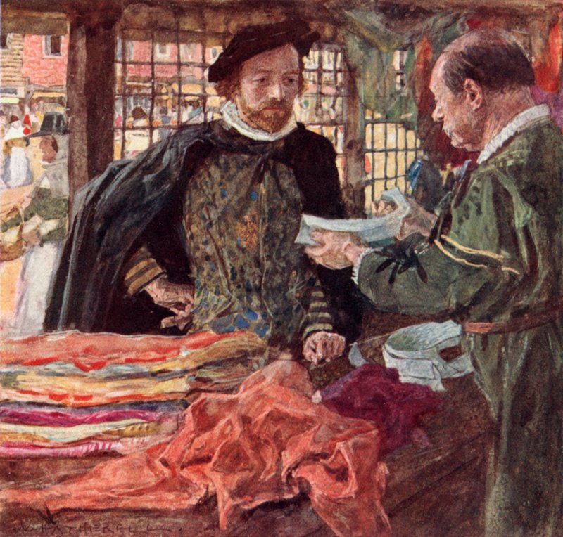 Shakespeare u Mercers, aby si koupil jeden z nových padacích límců, které nahrazují límce od after William Hatherell