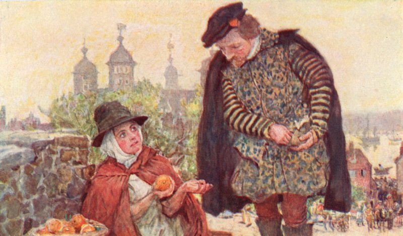 Shakespeare kupuje dvoupencový pomeranč od prodejce ovoce na Tower Hill v Londýně od after William Hatherell