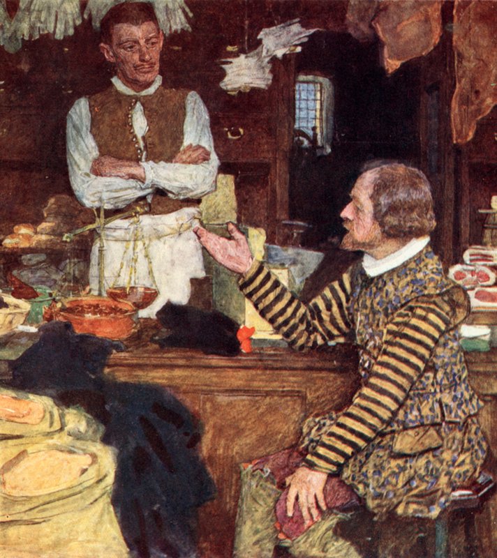 Shakespeare volá do obchodu s potravinami v Bucklersbury, aby si popovídal s Johnem Sadlerem, učedníkem ze Stratfordu od after William Hatherell
