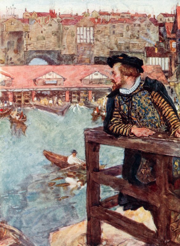 Shakespeare hledí na vodní mlýny pod London Bridge od after William Hatherell