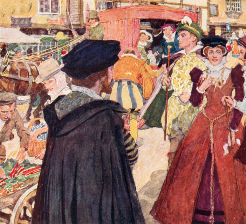 Shakespeare pozoruje pošetilé módy a dovádění feťáků na Ludgate Hill v Londýně od after William Hatherell