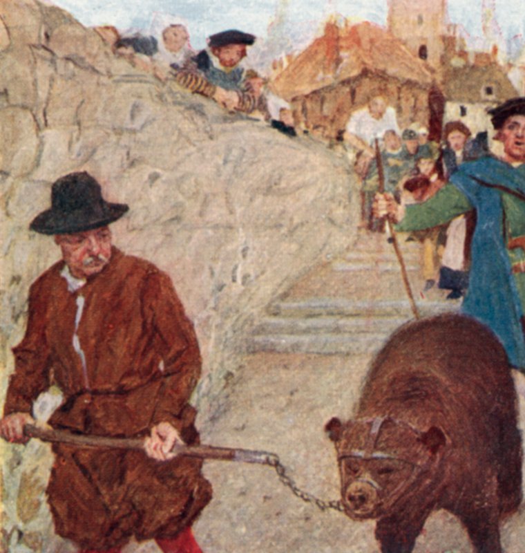 Shakespeare sleduje medvěda na cestě do Bear Garden na Bankside od after William Hatherell