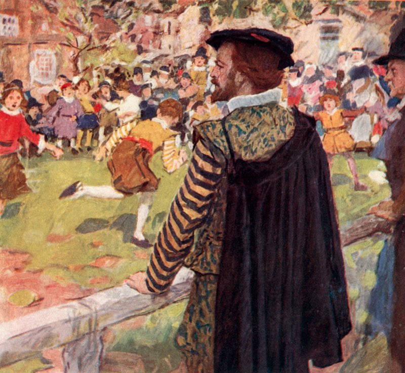Shakespeare sleduje chlapce a dívky, jak si hrají na základnu vězňů poblíž Temple Bar v Londýně od after William Hatherell