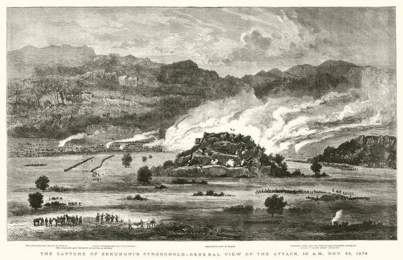 Dobytí pevnosti Sekukunis, celkový pohled na útok, 10:00, 28. listopadu 1879 od after William Henry James Boot