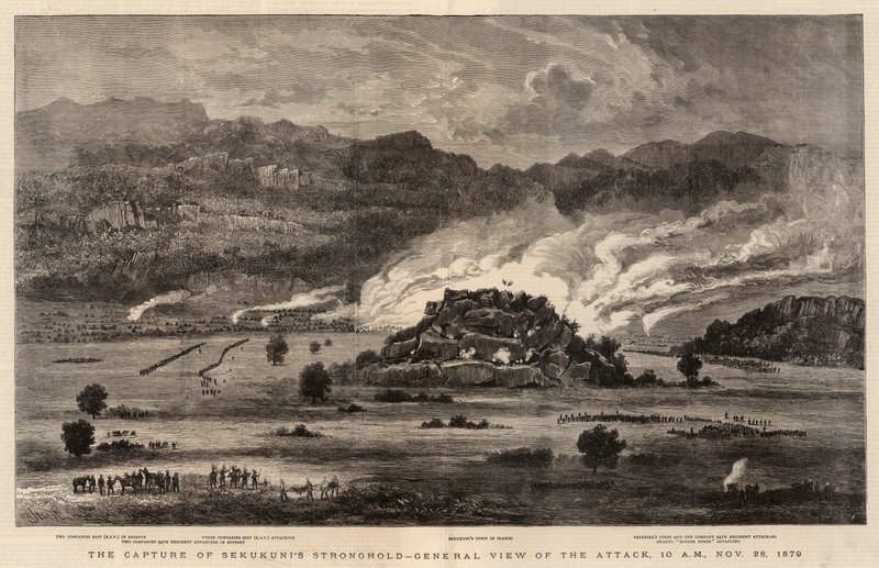 Dobytí pevnosti Sekukunis, celkový pohled na útok, 10:00, 28. listopadu 1879 od after William Henry James Boot