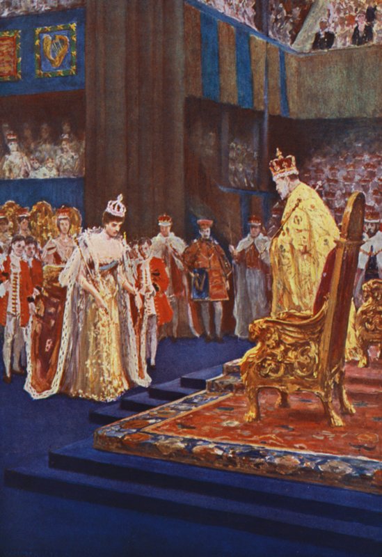 Královna Alexandra se na cestě ke svému trůnu klaní králi Edwardu VII od after William Henry Margetson