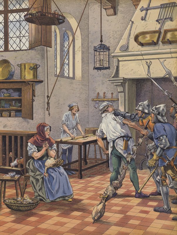 Kuchař zajatý v jeho kuchyni ozbrojenci pro podezření, že se pokusil otrávit krále (barva litho) od pseudonym for Onfray de Breville Jacques Job