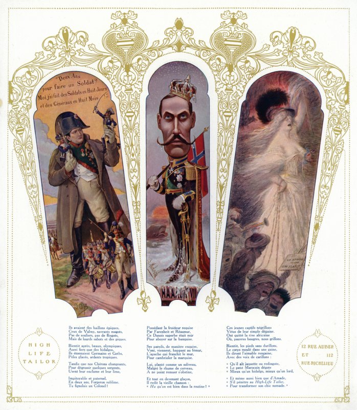 Francouzský vojenský výcvik, karikatura norského krále Haakona VII a marockých přistěhovalců ve Francii (barevné litho) od pseudonym for Onfray de Breville Jacques Job