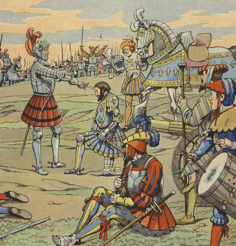 Francouzský král František I. obdržel rytířský titul od Chevalier de Bayard po bitvě u Marignana od pseudonym for Onfray de Breville Jacques Job